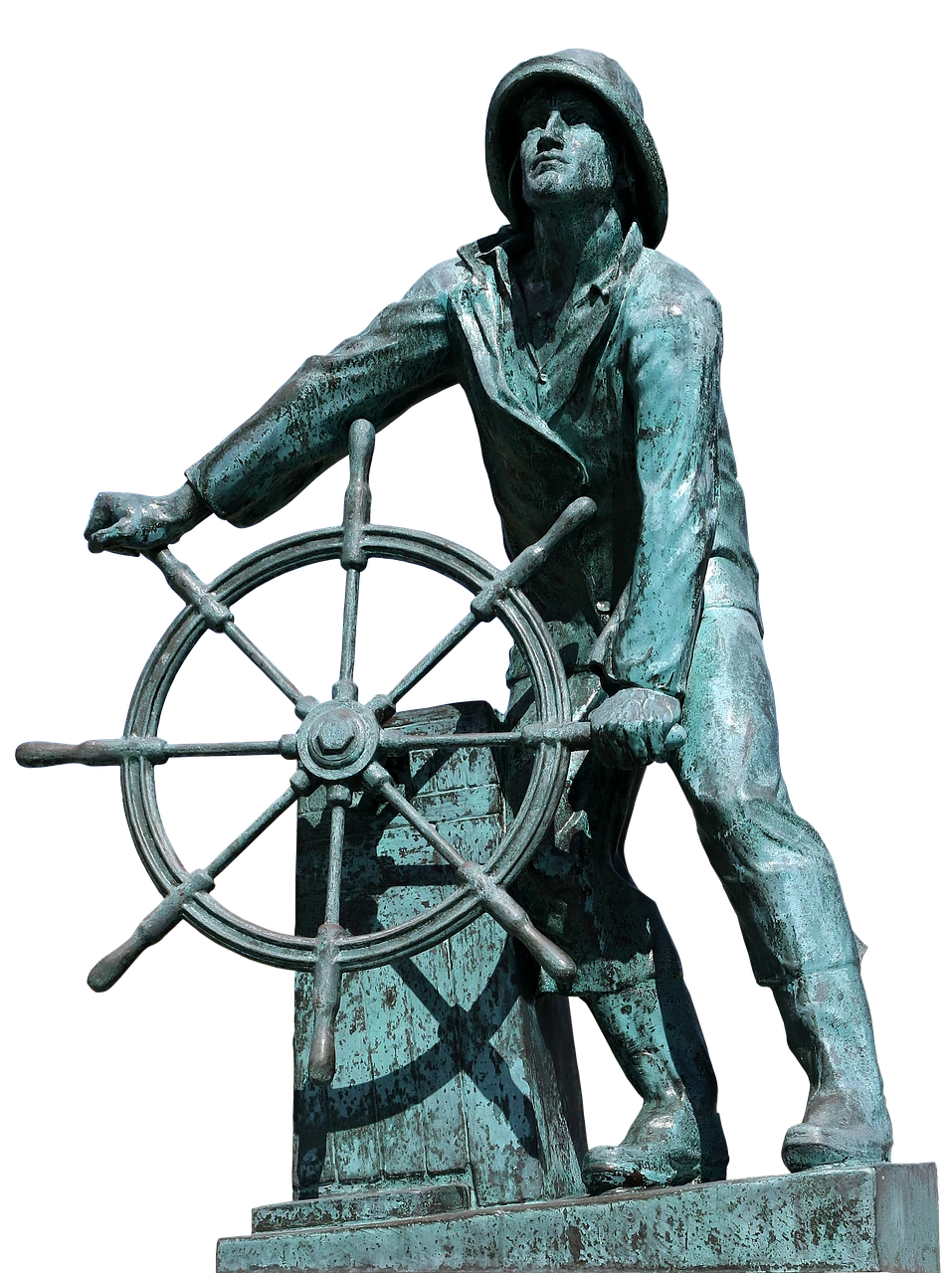 Statue of a sailor with a ship's wheel.